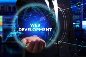 Professional web developer designing a responsive business website on multiple devices in the United States.